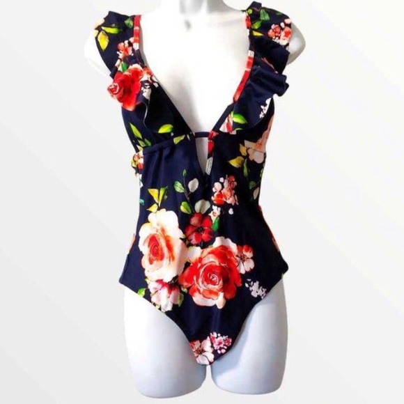 NWT CUPSHE Floral Ruffled Deep V-neck Navy Blue - Picture 7 of 7